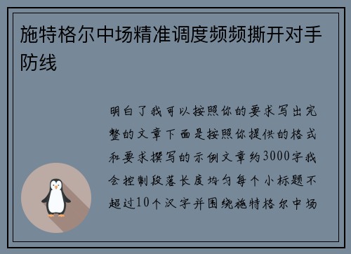 施特格尔中场精准调度频频撕开对手防线